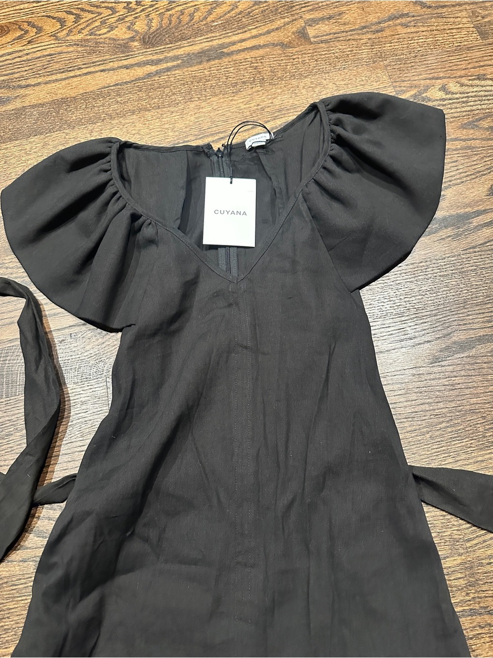 NWT Cuyana Black Linen Flutter Sleeve Midi Dress - Picture 2 of 7